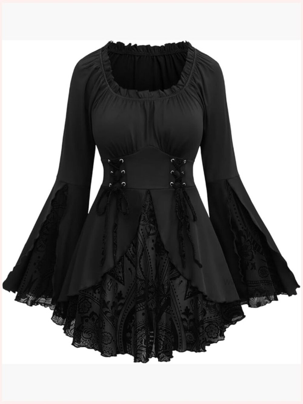 Plus Size Flocking Floral Lace Up Bell Sleeve Top Blouse